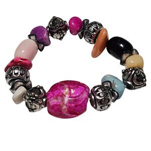 Colorful Chunky Beaded Stretch Bracelet Artisan Pink Focal Bead Silver Tone